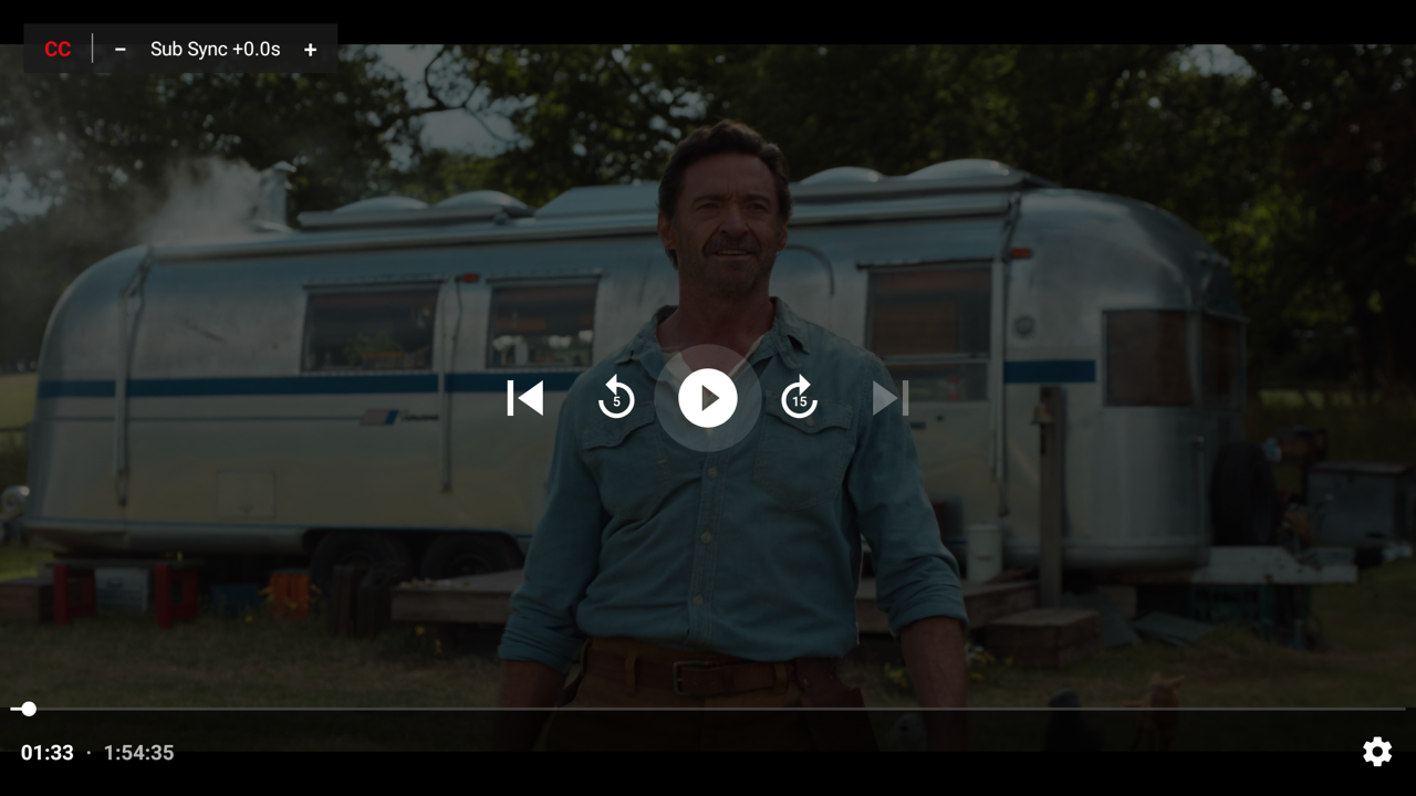 mrowser native player with the sub-sync box showing CC and subtitle offset controls over a playing stream